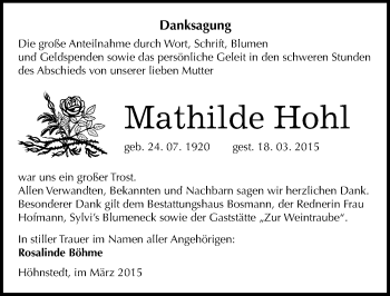Traueranzeige von Mathilde Hohl von Mitteldeutsche Zeitung Halle/Saalkreis