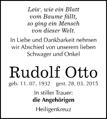 Traueranzeige von Rudolf Otto von Mitteldeutsche Zeitung Naumburg/Nebra