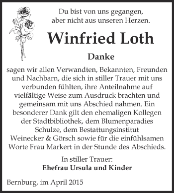 Traueranzeige von Winfried Loth von Super Sonntag Bernburg