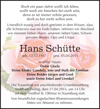 Traueranzeige von Hans Schütte von Mitteldeutsche Zeitung Naumburg/Nebra