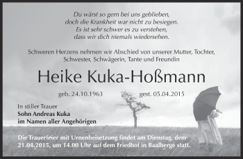 Traueranzeige von Heike Kuka-Hoßmann von Super Sonntag Bernburg
