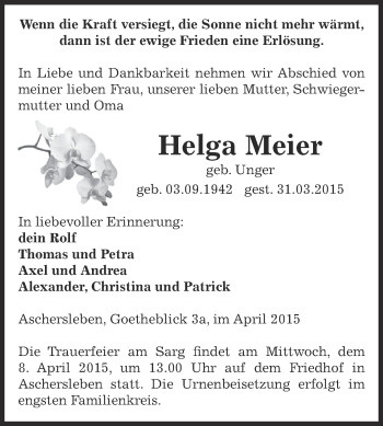 Traueranzeige von Helga Meier von Super Sonntag Aschersleben