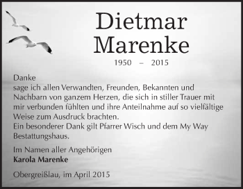 Traueranzeige von Dietmar Marenke von WVG - Wochenspiegel NMB / WSF / ZTZ
