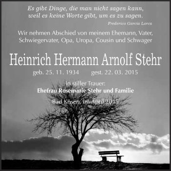 Traueranzeige von Heinrich Hermann Arnolf Stehr von WVG - Wochenspiegel NMB / WSF / ZTZ