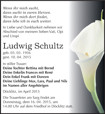 Traueranzeige von Ludwig Schultz von Mitteldeutsche Zeitung Merseburg/Querfurt