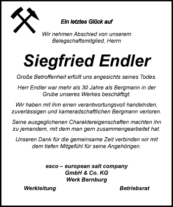 Traueranzeige von Siegfried Endler von Mitteldeutsche Zeitung Bernburg