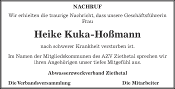 Traueranzeige von Heike Kuka-Hoßmann von Super Sonntag Bernburg