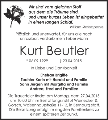 Traueranzeige von Kurt Beutler von Super Sonntag Bernburg