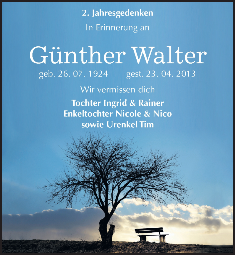  Traueranzeige für Günther Walter vom 23.04.2015 aus Mitteldeutsche Zeitung