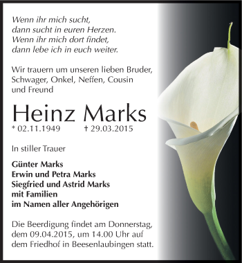 Traueranzeige von Heinz Marks von Mitteldeutsche Zeitung Bernburg
