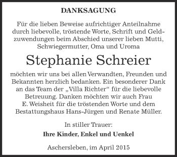 Traueranzeige von Stephanie Schreier von Super Sonntag Aschersleben