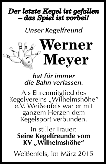 Traueranzeige von Werner Meyer von Mitteldeutsche Zeitung Weißenfels