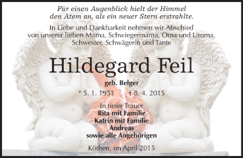 Traueranzeige von Hildegard Feil von Mitteldeutsche Zeitung Köthen