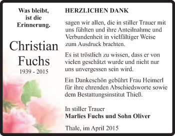 Traueranzeige von Christian Fuchs von Super Sonntag Quedlinburg