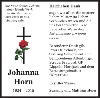 Traueranzeige von Johanna Horn von Mitteldeutsche Zeitung Zeitz