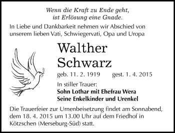 Traueranzeige von Walther Schwarz von Mitteldeutsche Zeitung Merseburg/Querfurt