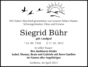 Traueranzeige von Siegrid Bühr von Mitteldeutsche Zeitung Naumburg/Nebra