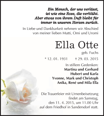 Traueranzeige von Ella Otte von WVG - Wochenspiegel Bitterfeld