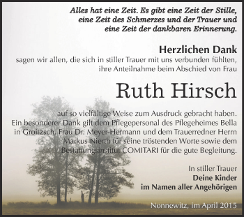 Traueranzeige von Ruth Hirsch von Super Sonntag Zeitz