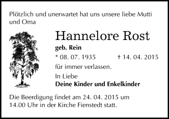 Traueranzeige von Hannelore Rost von Mitteldeutsche Zeitung Halle/Saalkreis