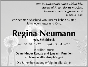 Traueranzeige von Regina Neumann von Mitteldeutsche Zeitung Bitterfeld