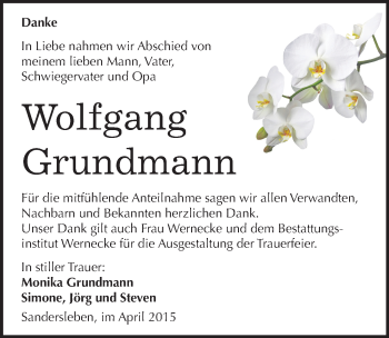 Traueranzeige von Wolfgang Grundmann von Mitteldeutsche Zeitung Mansfelder Land