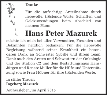 Traueranzeige von Hans Peter Mazurek von Super Sonntag Aschersleben