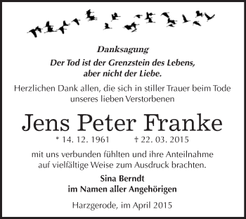 Traueranzeige von Jens Peter Franke von WVG - Wochenspiegel Quedlinburg
