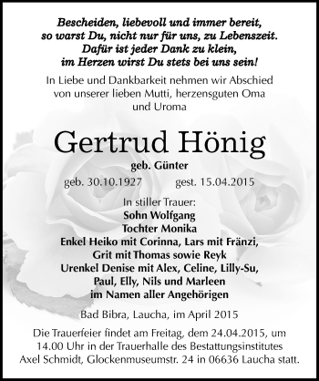 Traueranzeige von Gertrud Hönig von Mitteldeutsche Zeitung Naumburg/Nebra