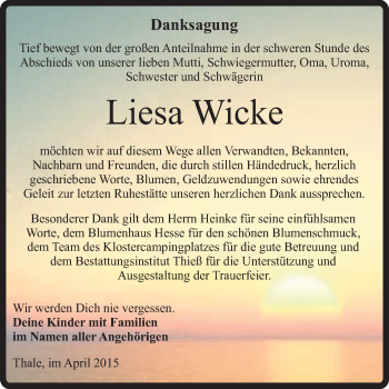 Traueranzeige von Liesa Wicke von Super Sonntag Quedlinburg