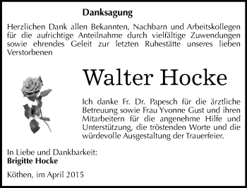 Traueranzeige von Walter Hocke von Mitteldeutsche Zeitung Köthen