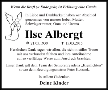 Traueranzeige von Ilse Albergt von WVG - Wochenspiegel Dessau / Köthen