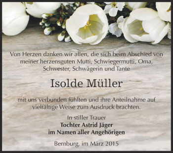 Traueranzeige von Isolde Müller von Super Sonntag Bernburg