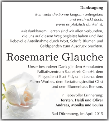 Traueranzeige von Rosemarie Glauche von Super Sonntag Merseburg