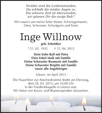 Traueranzeige von Inge Willnow von Super Sonntag Merseburg
