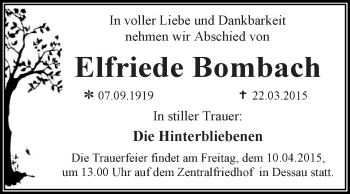 Traueranzeige von Elfriede Bombach von WVG - Wochenspiegel Dessau / Köthen