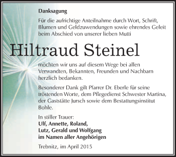 Traueranzeige von Hiltraud Steinel von WVG - Wochenspiegel Merseburg