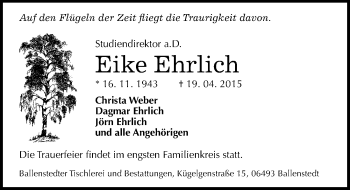 Traueranzeige von Eike Ehrlich von Mitteldeutsche Zeitung Quedlinburg