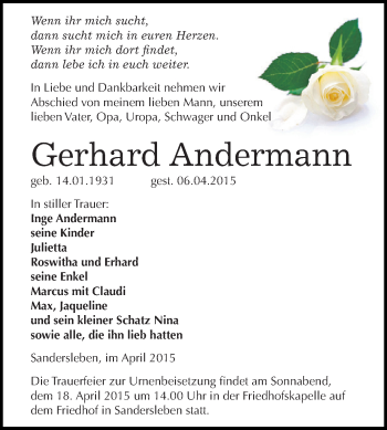 Traueranzeige von Gerhard Andermann von Super Sonntag SGH Mansf. Land