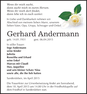 Traueranzeige von Gerhard Andermann von Mitteldeutsche Zeitung Mansfelder Land