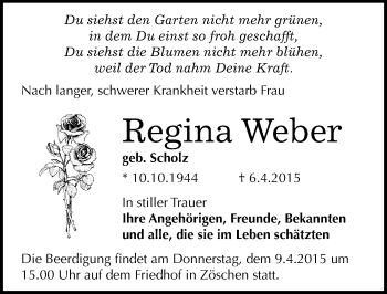 Traueranzeige von Regina Weber von Mitteldeutsche Zeitung Merseburg/Querfurt