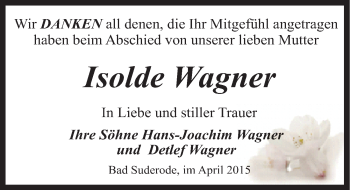 Traueranzeige von Isolde Wagner von Mitteldeutsche Zeitung Quedlinburg