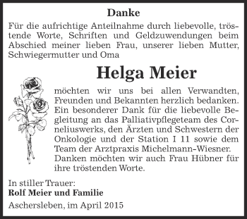Traueranzeige von Helga Meier von Super Sonntag Aschersleben