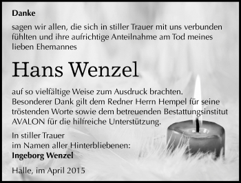 Traueranzeige von Hans Wenzel von Mitteldeutsche Zeitung Halle/Saalkreis