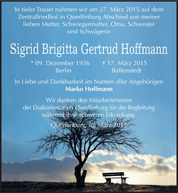 Traueranzeige von Sigrid Brigitta Gertrud Hoffmann von Mitteldeutsche Zeitung Quedlinburg