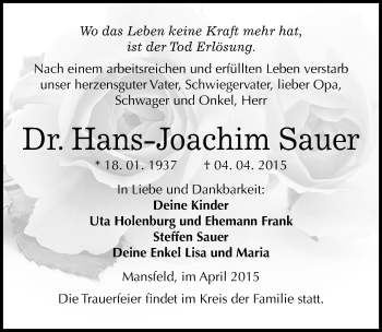 Traueranzeige von Hans-Joachim Sauer von Mitteldeutsche Zeitung Mansfelder Land
