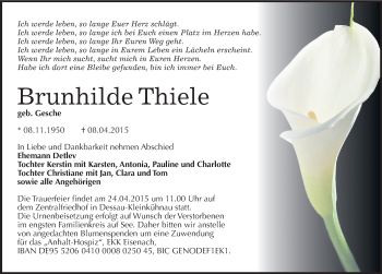 Traueranzeige von Brunhilde Thiele von Mitteldeutsche Zeitung Dessau-Roßlau