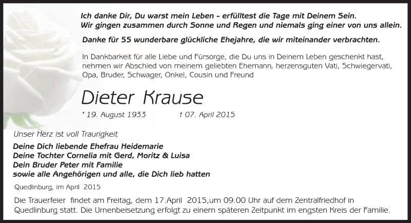  Traueranzeige für Dieter Krause vom 15.04.2015 aus WVG - Wochenspiegel Quedlinburg