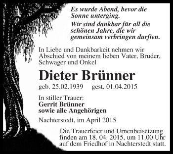 Traueranzeige von Dieter Brünner von Super Sonntag Aschersleben