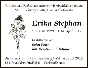 Traueranzeige von Erika Stephan von Super Sonntag Bernburg